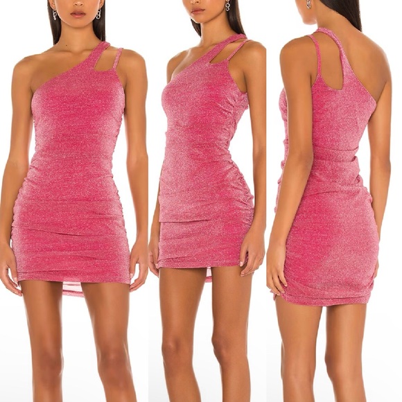 superdown Dresses & Skirts - Superdown Revolve Jayden Mini Dress Hot Pink Sparkly One Shoulder Ruched Party